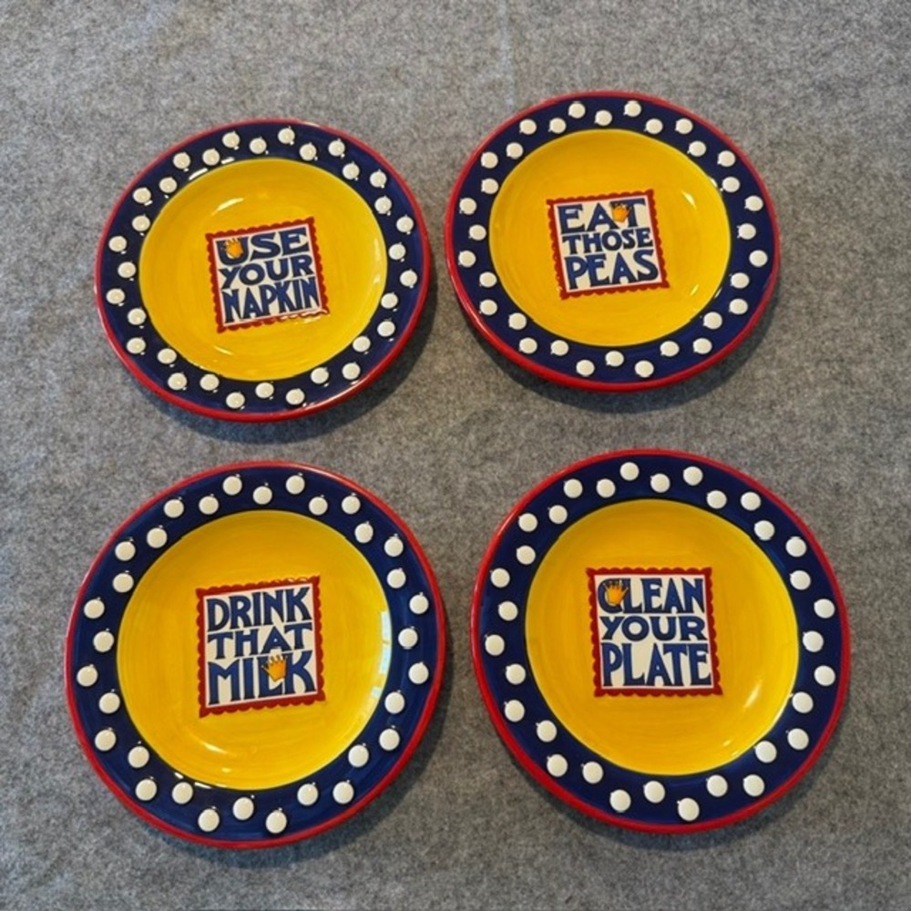 Vintage Mary Engelbreit Plates Kids Small Yellow Polka Dot 4pc Set Enesco